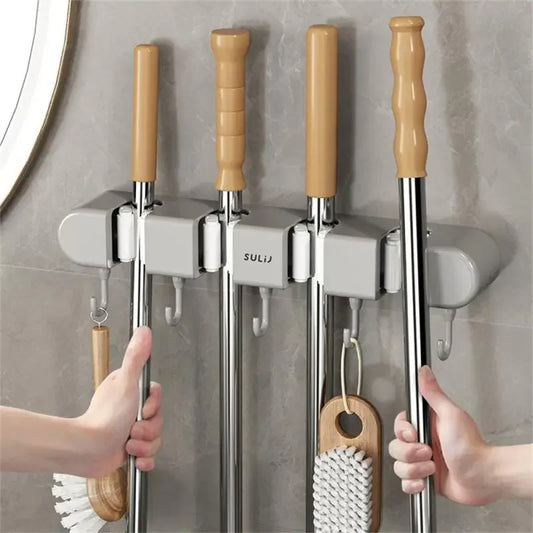 ABS Mop Holder Broom Hanger Wall Mounted 4 Position Brush Support Broomstick Hook Storage Rack Bathroom Organizer